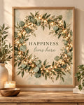 Botanical Wreath Print, Happiness Lives Here Quote, Neutral Green Wall Art — front image