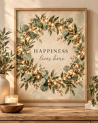 Botanical Wreath Print, Happiness Lives Here Quote, Neutral Green Wall Art — front image