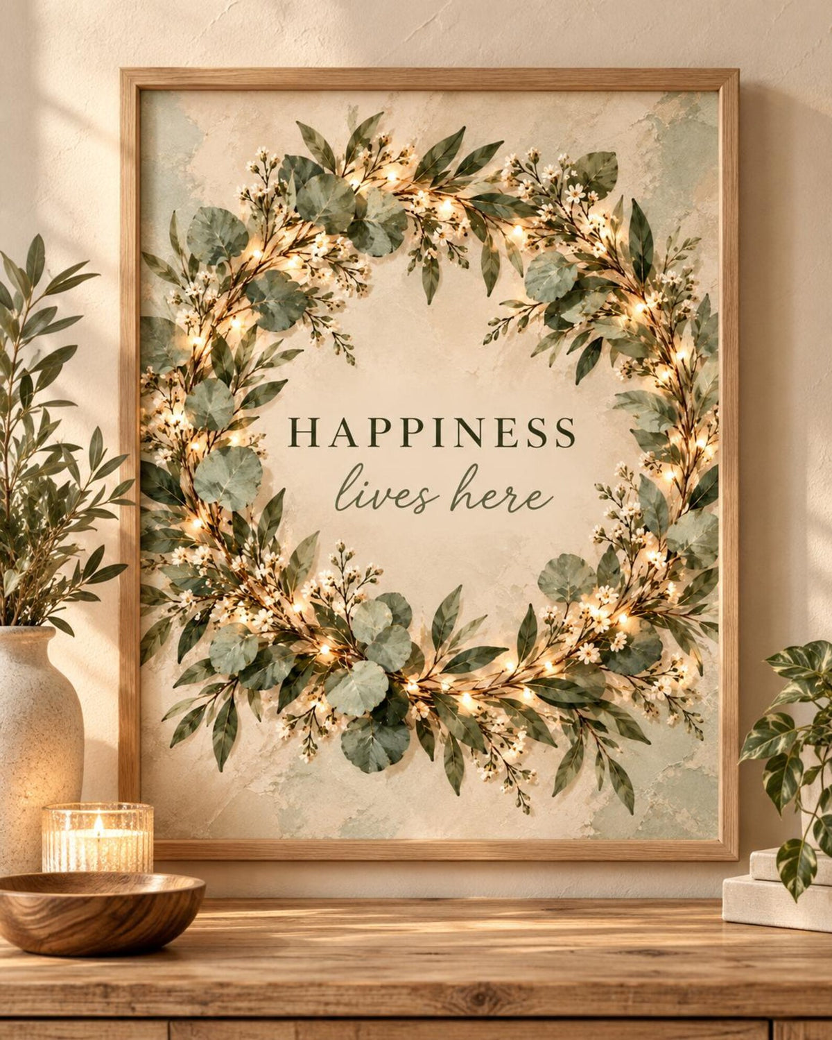 Botanical Wreath Print, Happiness Lives Here Quote, Neutral Green Wall Art — front image