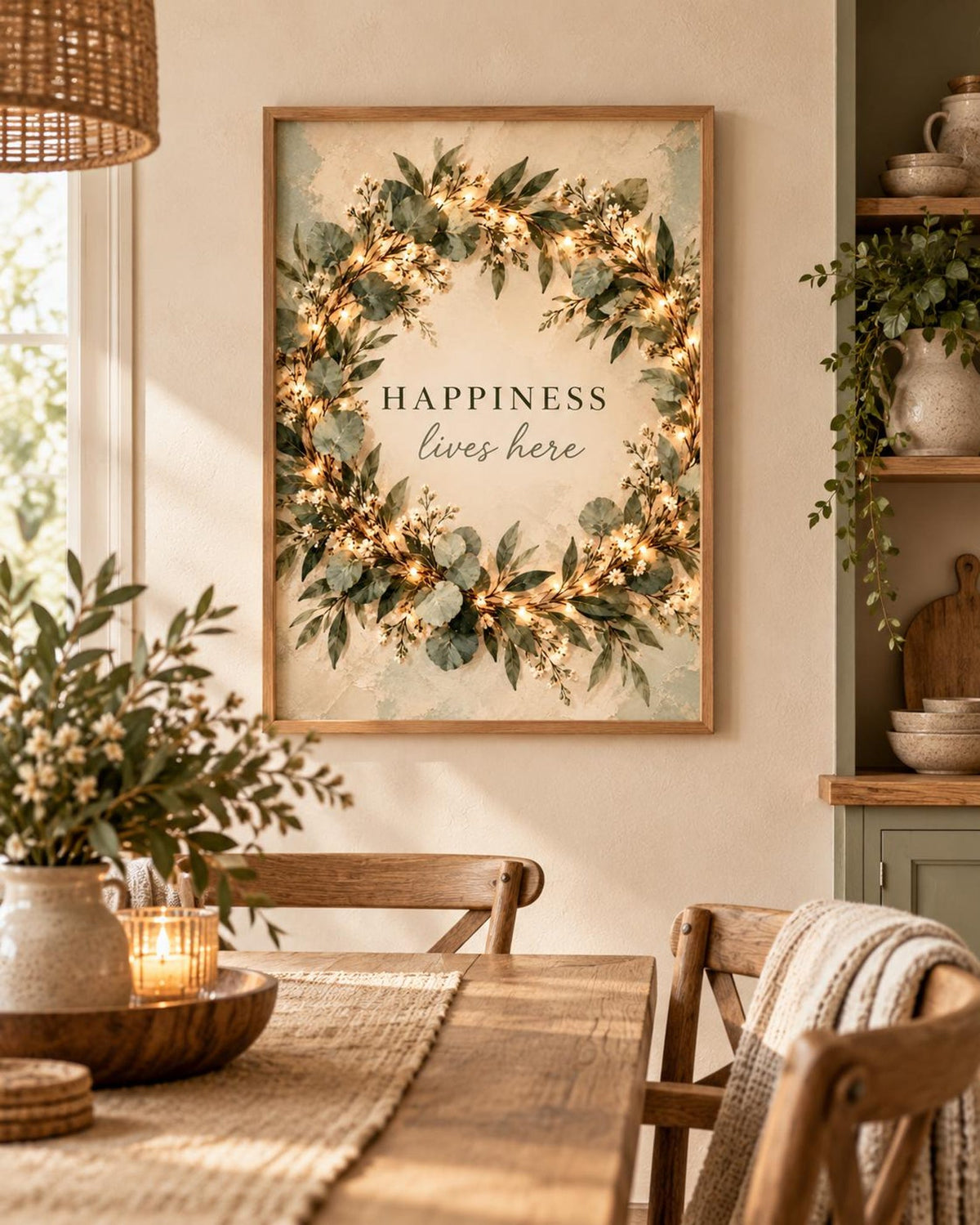 Framed Botanical Wreath Print, Happiness Lives Here Quote, Neutral Green Wall Art — lifestyle mockup 2