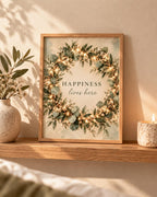 Framed Botanical Wreath Print, Happiness Lives Here Quote, Neutral Green Wall Art — lifestyle mockup 4