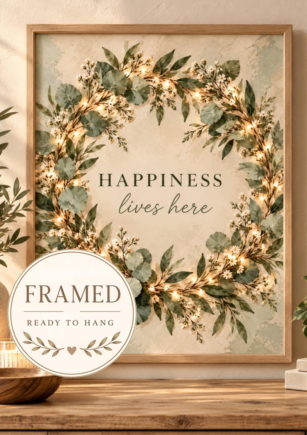 Framed Botanical Wreath Print, Happiness Lives Here Quote, Neutral Green Wall Art — front image