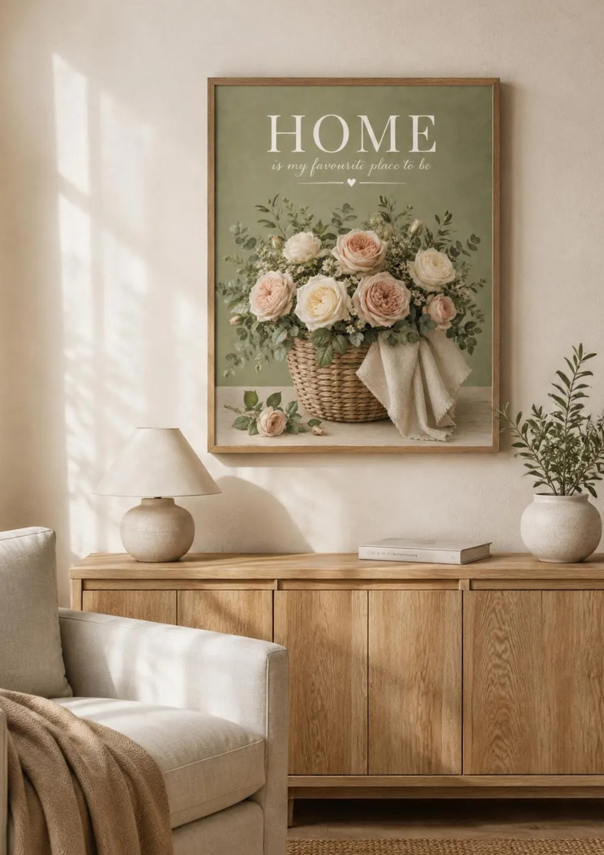 Home is my favourite place to be artwork with blush and ivory roses in a woven basket styled in a living room