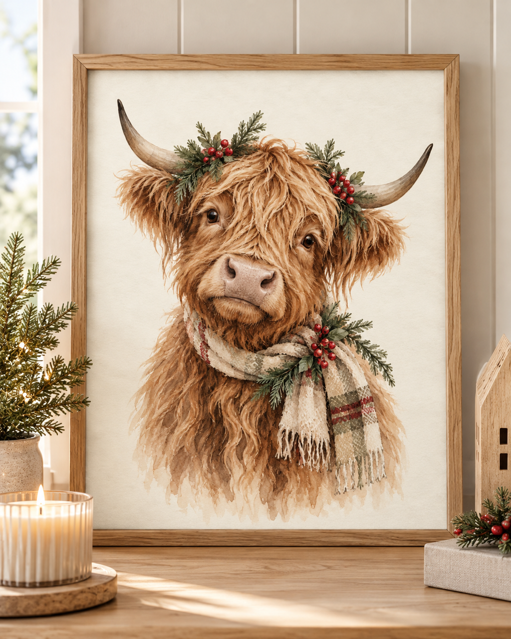 Christmas Highland cow watercolour with tartan scarf, evergreen sprigs and red berries; print only, frame not included