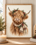 Christmas Highland cow watercolour with tartan scarf, evergreen sprigs and red berries; print only, frame not included