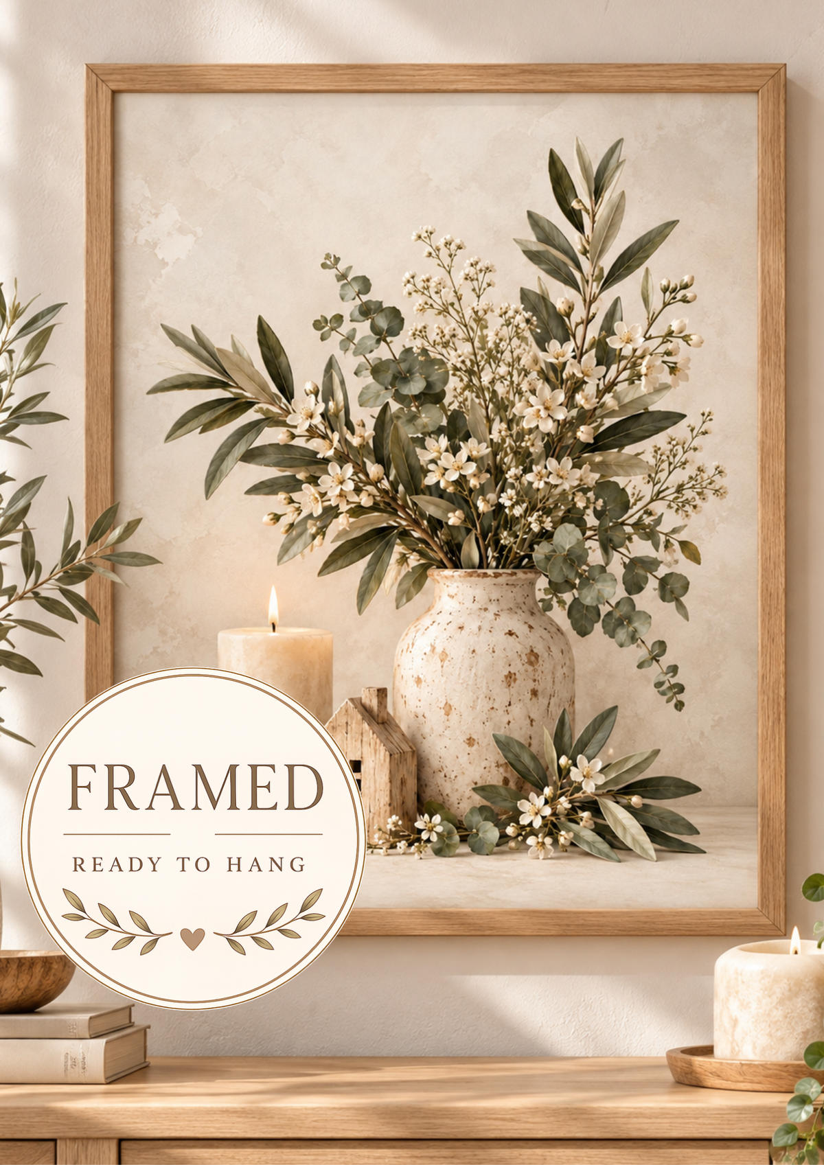 Neutral botanical artwork with white flowers, foliage, a cream vase, candle and wooden house; framed and ready to hang badge