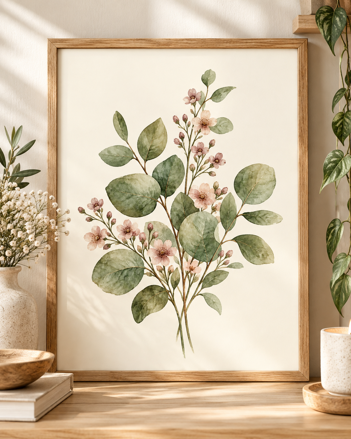 Sage green leaves and delicate blush pink flowers in a botanical watercolour arrangement; print only, frame not included