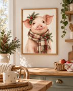 Christmas pink piglet illustration with tartan scarf, evergreen sprigs, red berries and pine cones on a warm cream background styled in a kitchen