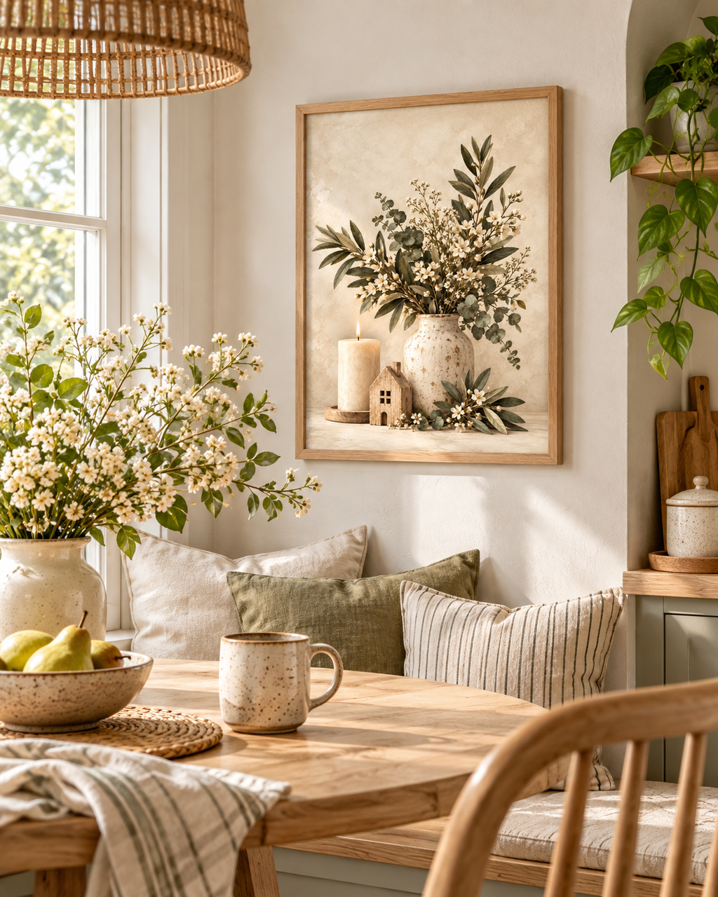Neutral botanical artwork with white flowers, foliage, a cream vase, candle and wooden house styled in a dining corner