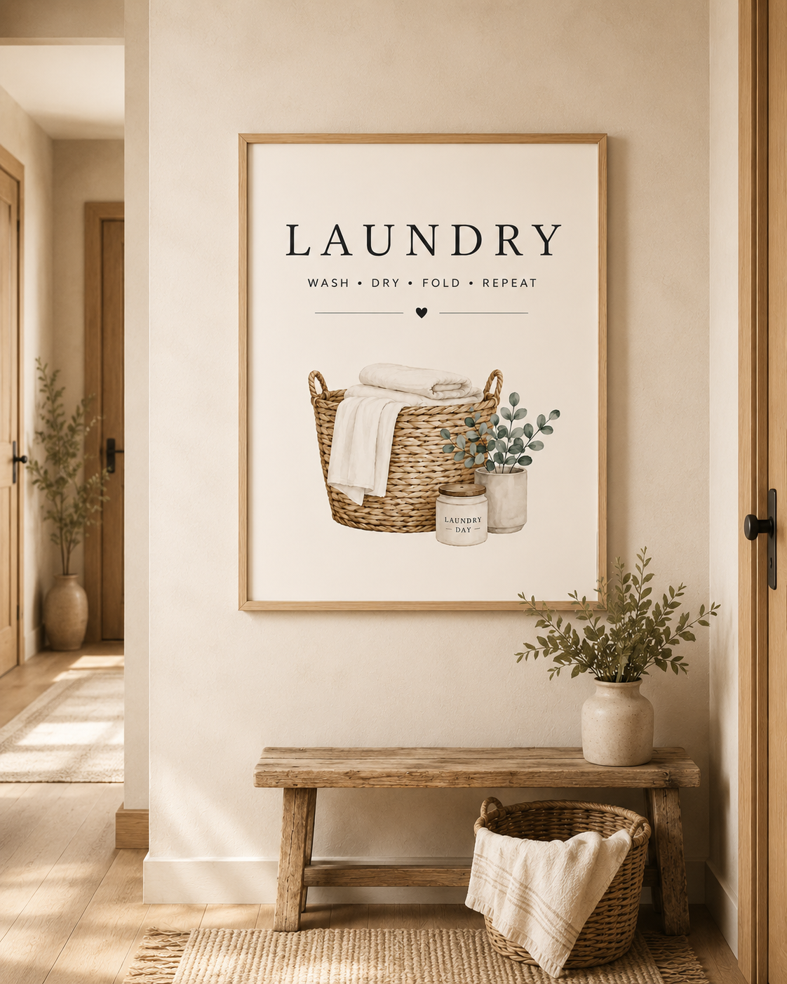Laundry basket with folded linens, foliage and wash dry fold repeat lettering styled in a hallway