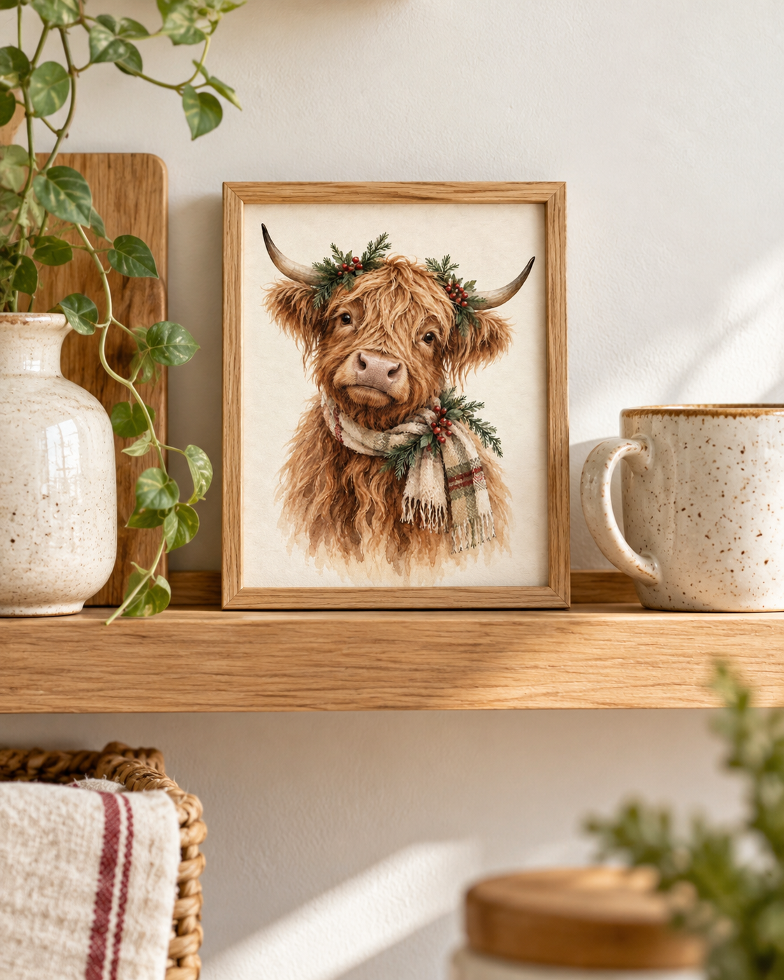 Christmas Highland cow watercolour with tartan scarf, evergreen sprigs and red berries styled in a shelf