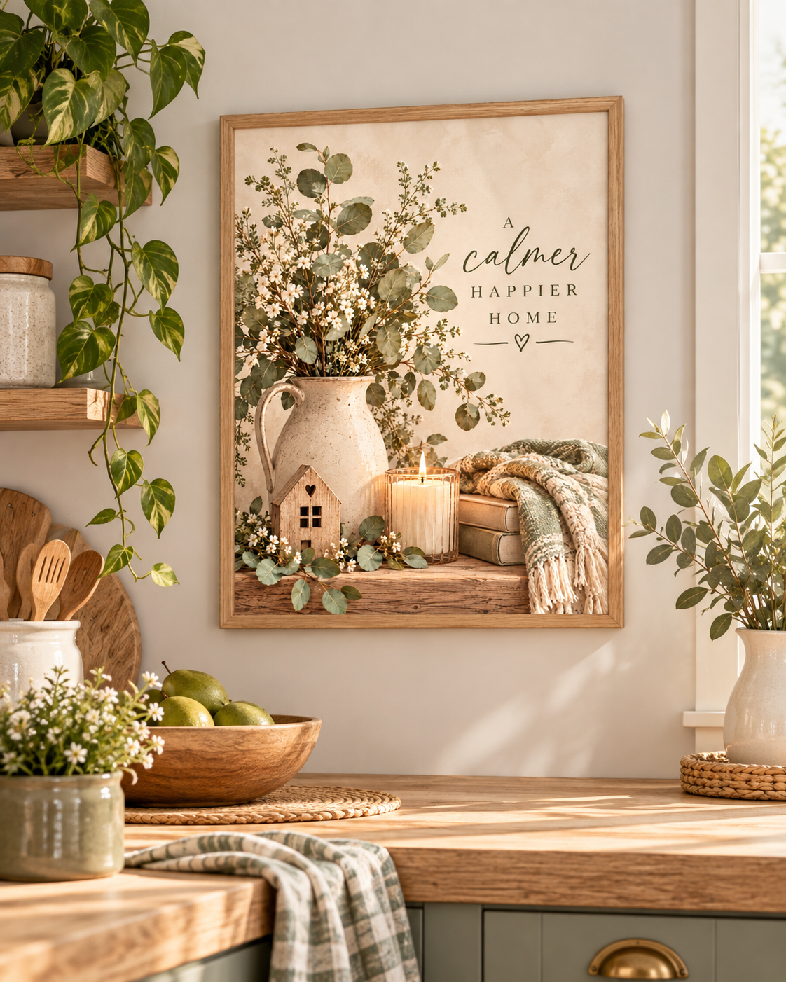 A calmer happier home botanical artwork with eucalyptus, white wildflowers, rustic jug, candle, wooden house and knitted blanket styled in a kitchen