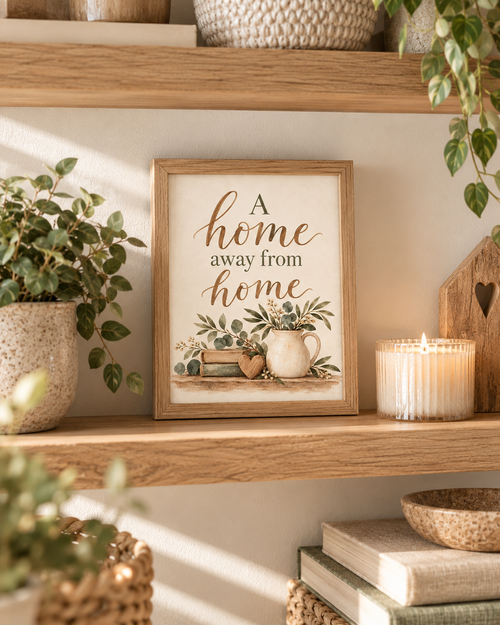 A Home Away From Home quote in warm brown lettering with sage-green botanical foliage, vintage books, wooden heart and rustic ceramic jug styled in a shelf display