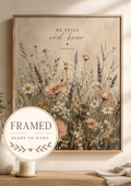 Be Still and Know Psalm 46:10 artwork with a softly painted wildflower meadow; framed and ready to hang badge