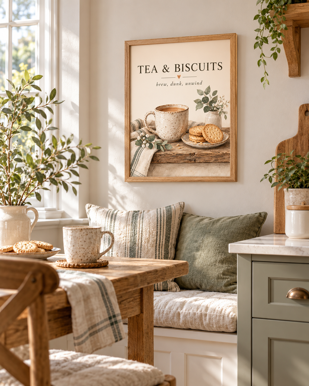 Tea and Biscuits quote, brew dunk unwind, with speckled ceramic mug, biscuits, sage foliage and cream background styled in a breakfast nook