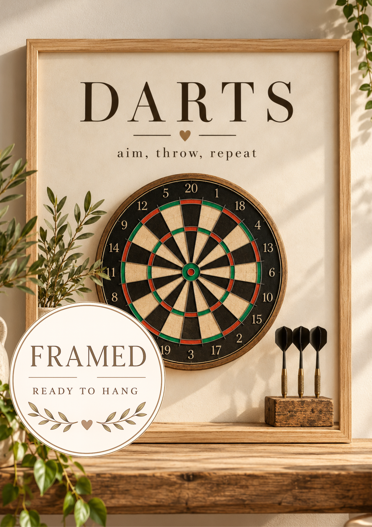 Vintage dartboard with Darts and aim, throw, repeat wording, rustic wood and greenery; framed and ready to hang badge