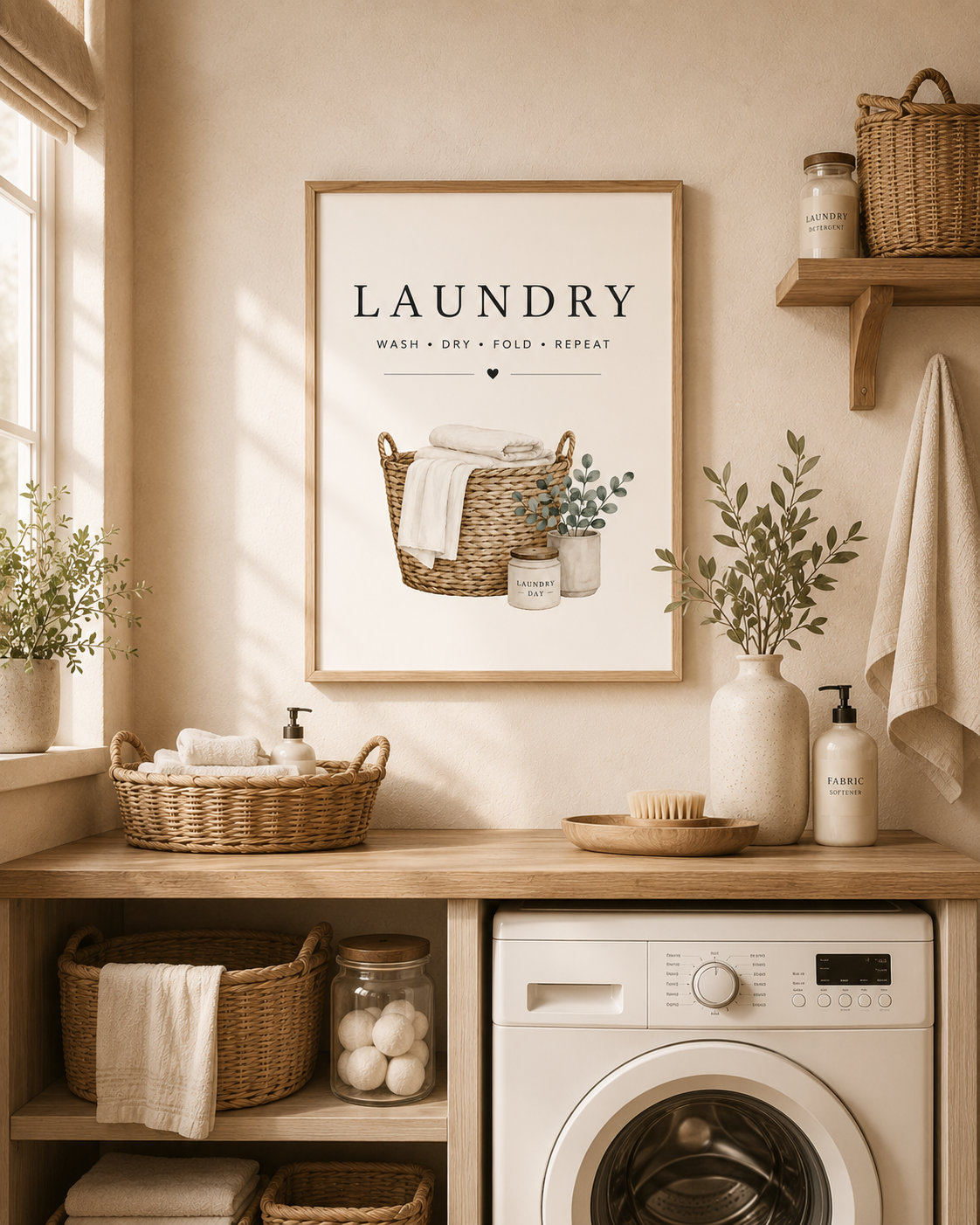 Laundry basket with folded linens, foliage and wash dry fold repeat lettering styled in a utility room washing machine