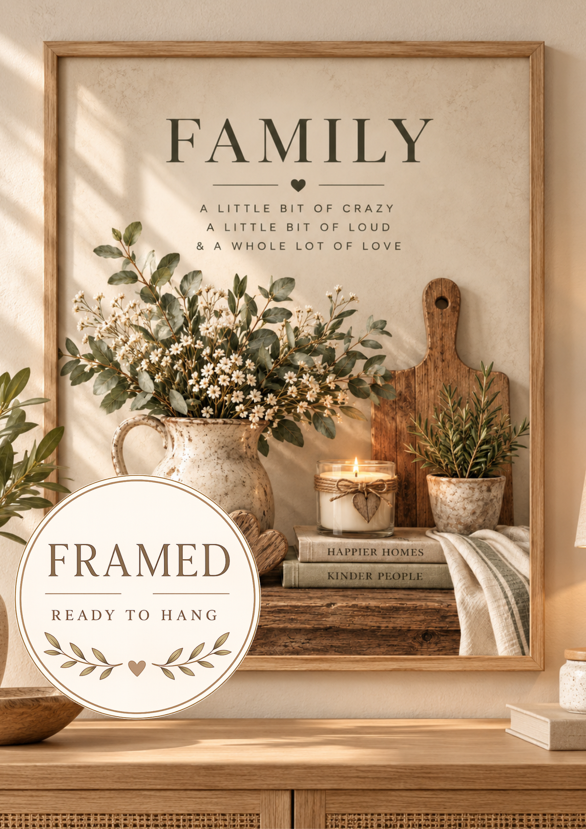 Framed Family Quote Print, Rustic Farmhouse Botanical Wall Art, Neutral Home Décor