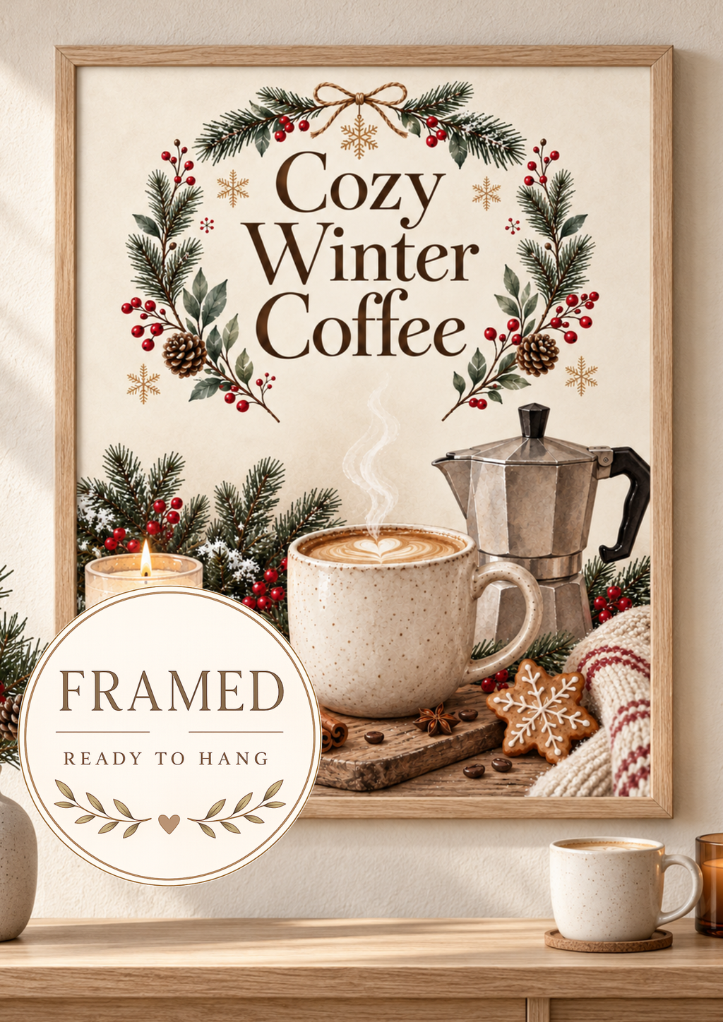 Framed Winter Coffee Print, Cosy Kitchen Decor