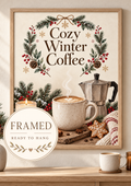 Framed Winter Coffee Print, Cosy Kitchen Decor