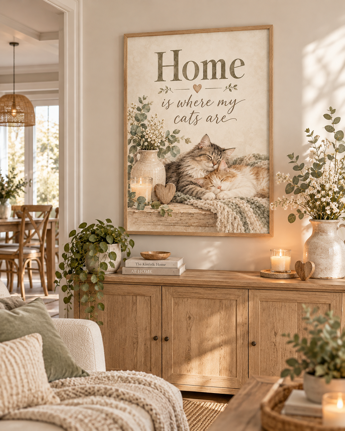 Home is where my cats are artwork with two sleeping cats, white flowers, sage foliage, candle, wooden heart and knitted blanket styled in a living room