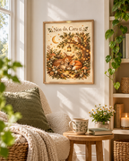 Nos da Caru ti Welsh goodnight woodland scene with sleeping fox and deer, owl, crescent moon, lantern and leafy tree styled in a reading corner