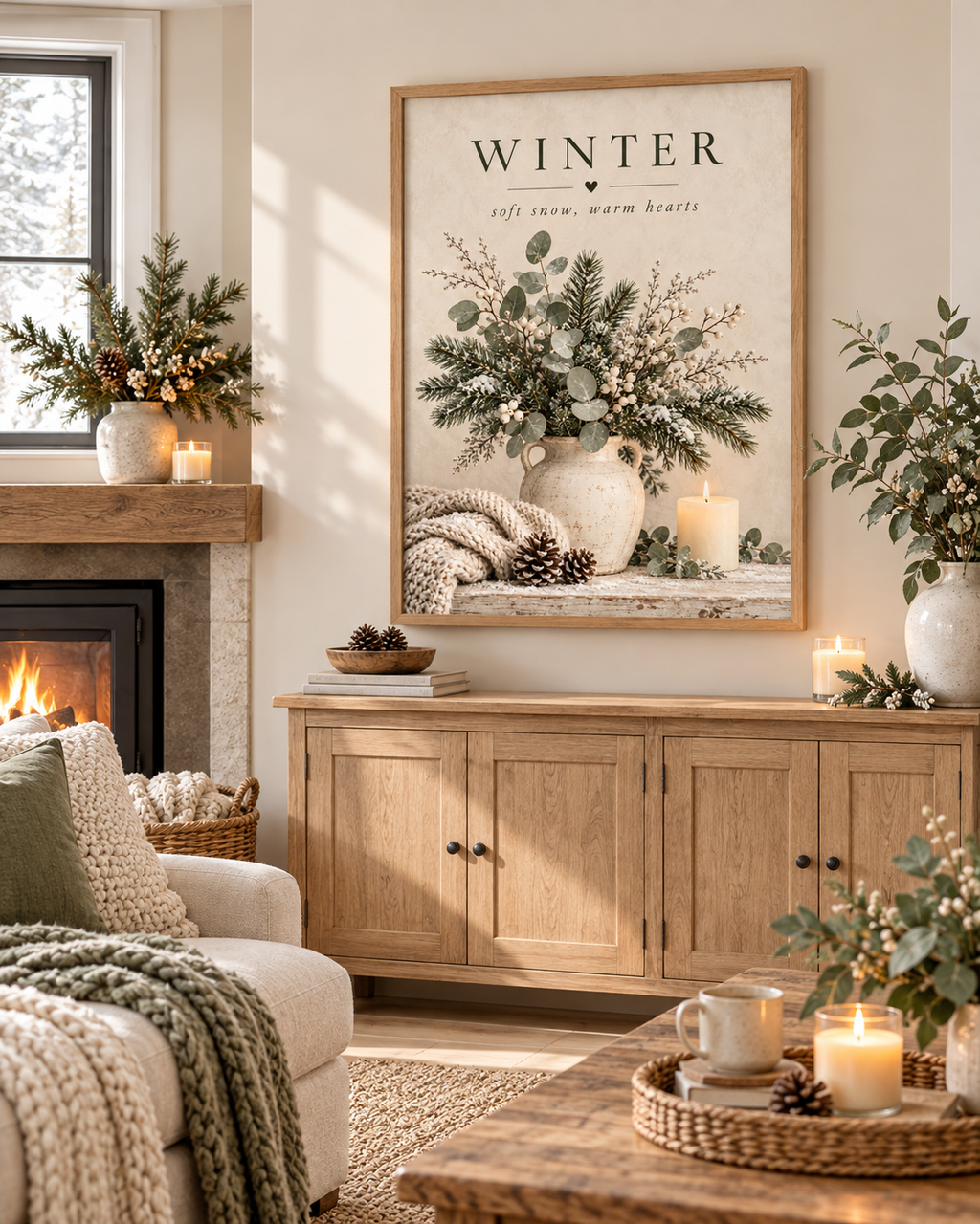 Winter soft snow, warm hearts artwork with snowy evergreens, eucalyptus, white berries, ceramic vase, knitted blanket, pine cones and candle styled in a living room