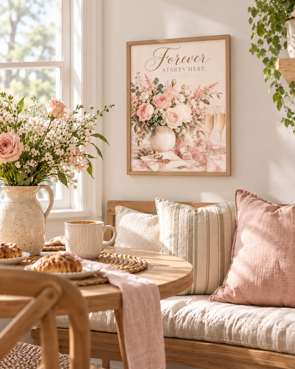Forever Starts Here wedding artwork with blush and ivory roses, muted green foliage, champagne glasses, engagement ring, ribbons and wedding stationery styled in a breakfast nook