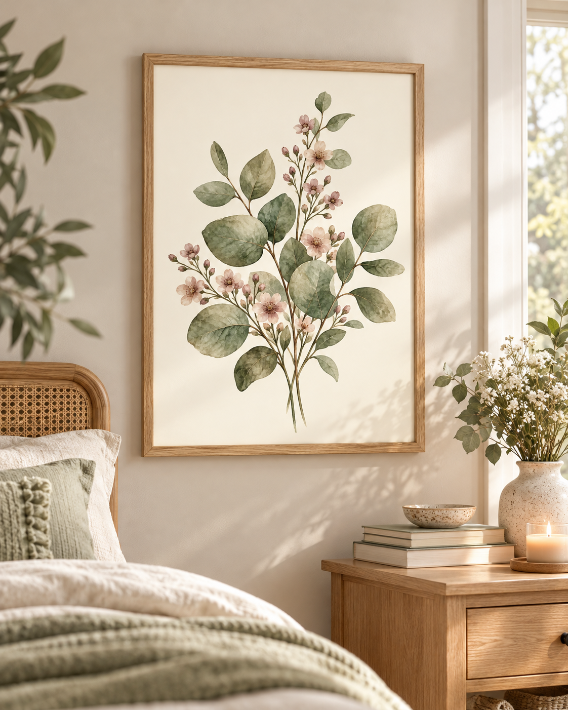 Sage green leaves and delicate blush pink flowers in a botanical watercolour arrangement styled in a bedroom