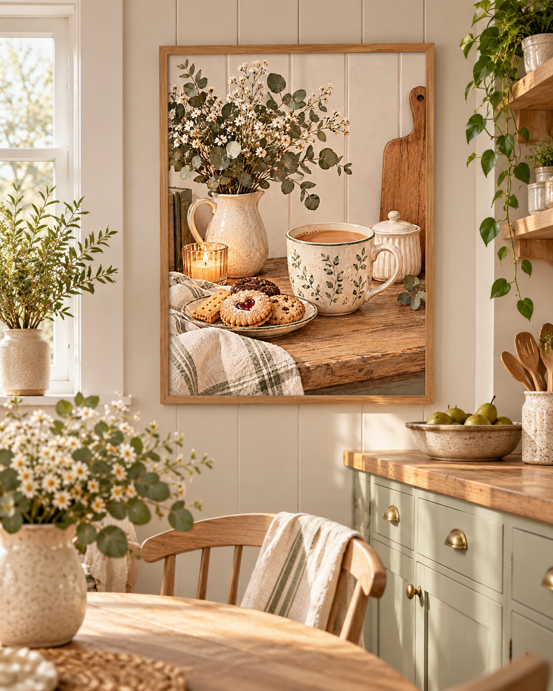 Cosy coffee and biscuits still life with botanical ceramic mug, white flowers, sage greenery, candle and rustic wooden tabletop styled in a cottage kitchen