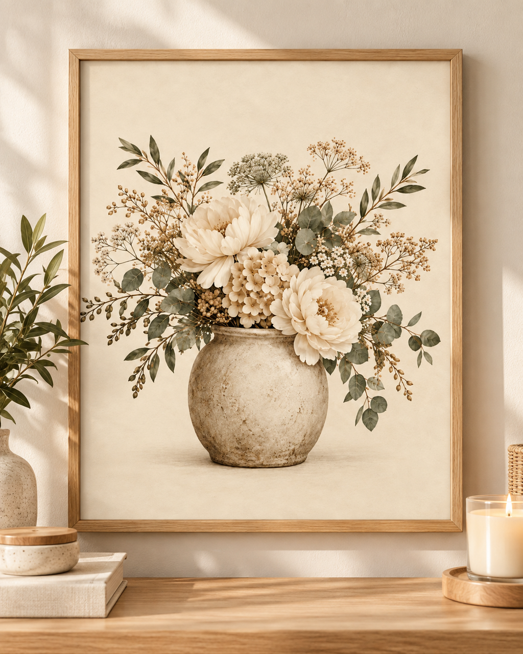 Front image of cream floral bouquet artwork in a rustic vase; print only, frame not included