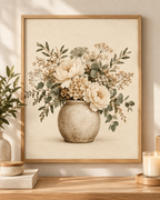 Front image of cream floral bouquet artwork in a rustic vase; print only, frame not included