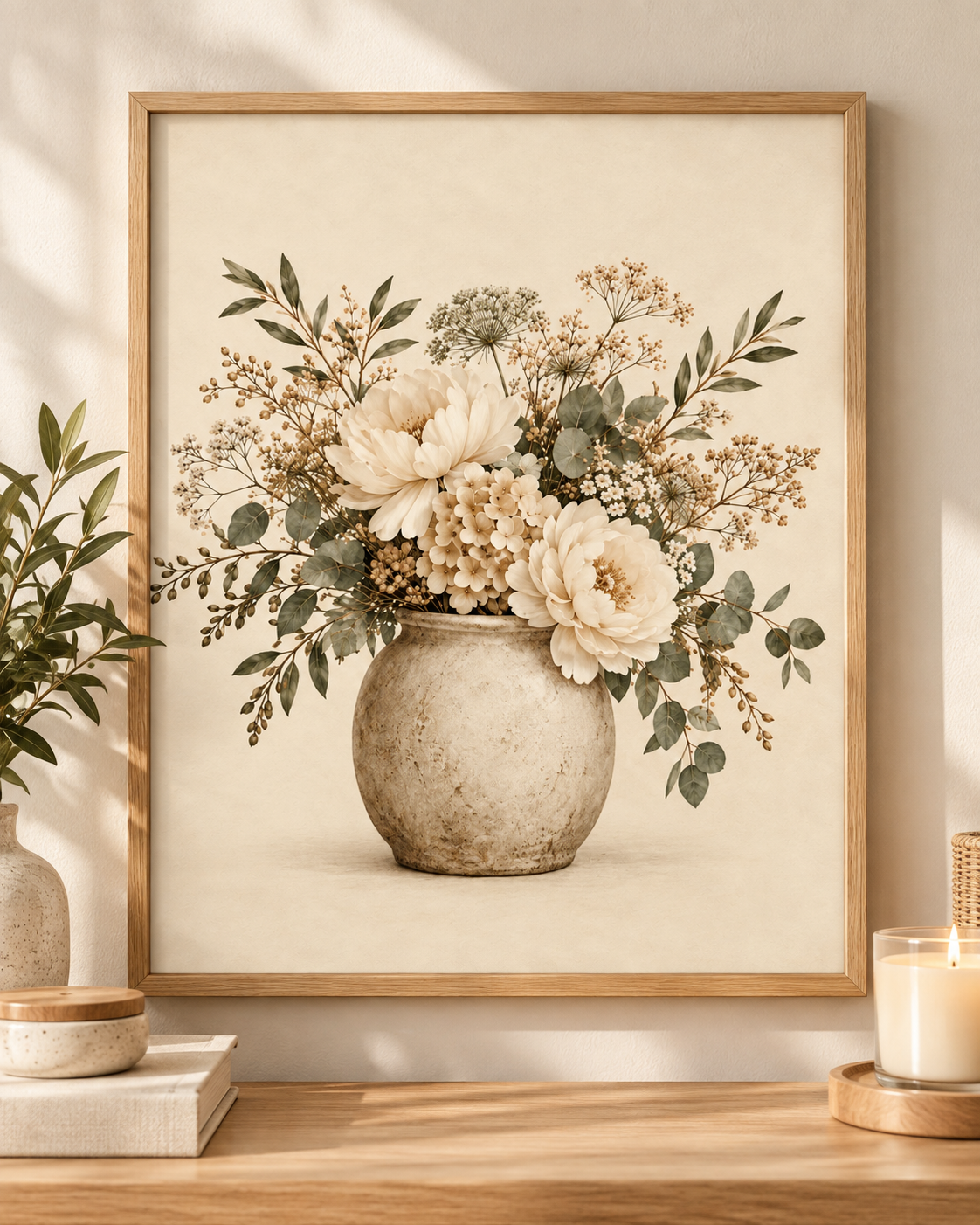 Front image of cream floral bouquet artwork in a rustic vase; print only, frame not included