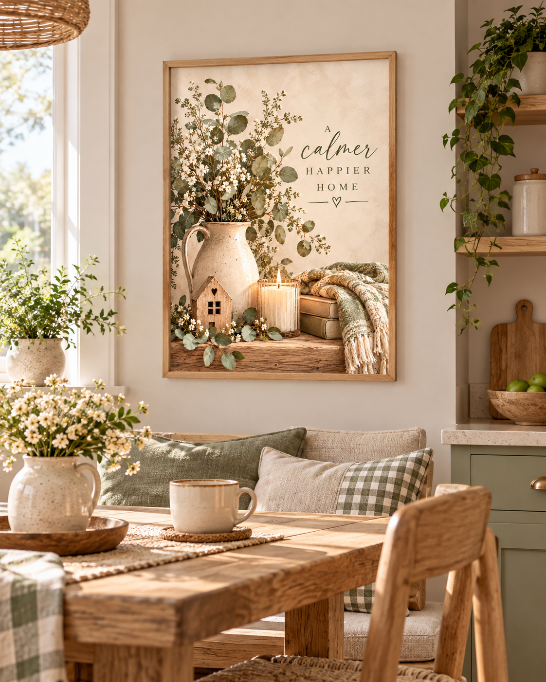 A calmer happier home botanical artwork with eucalyptus, white wildflowers, rustic jug, candle, wooden house and knitted blanket styled in a dining area