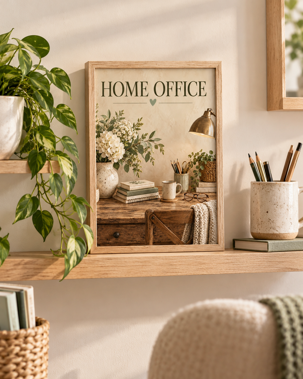 Home Office typography with a wooden desk, books, stationery, coffee mug, desk lamp and white florals styled in a shelf display