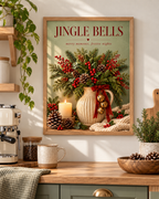 Jingle Bells Christmas artwork with evergreen foliage, red berries, gold bells, candle and pine cones styled in a kitchen
