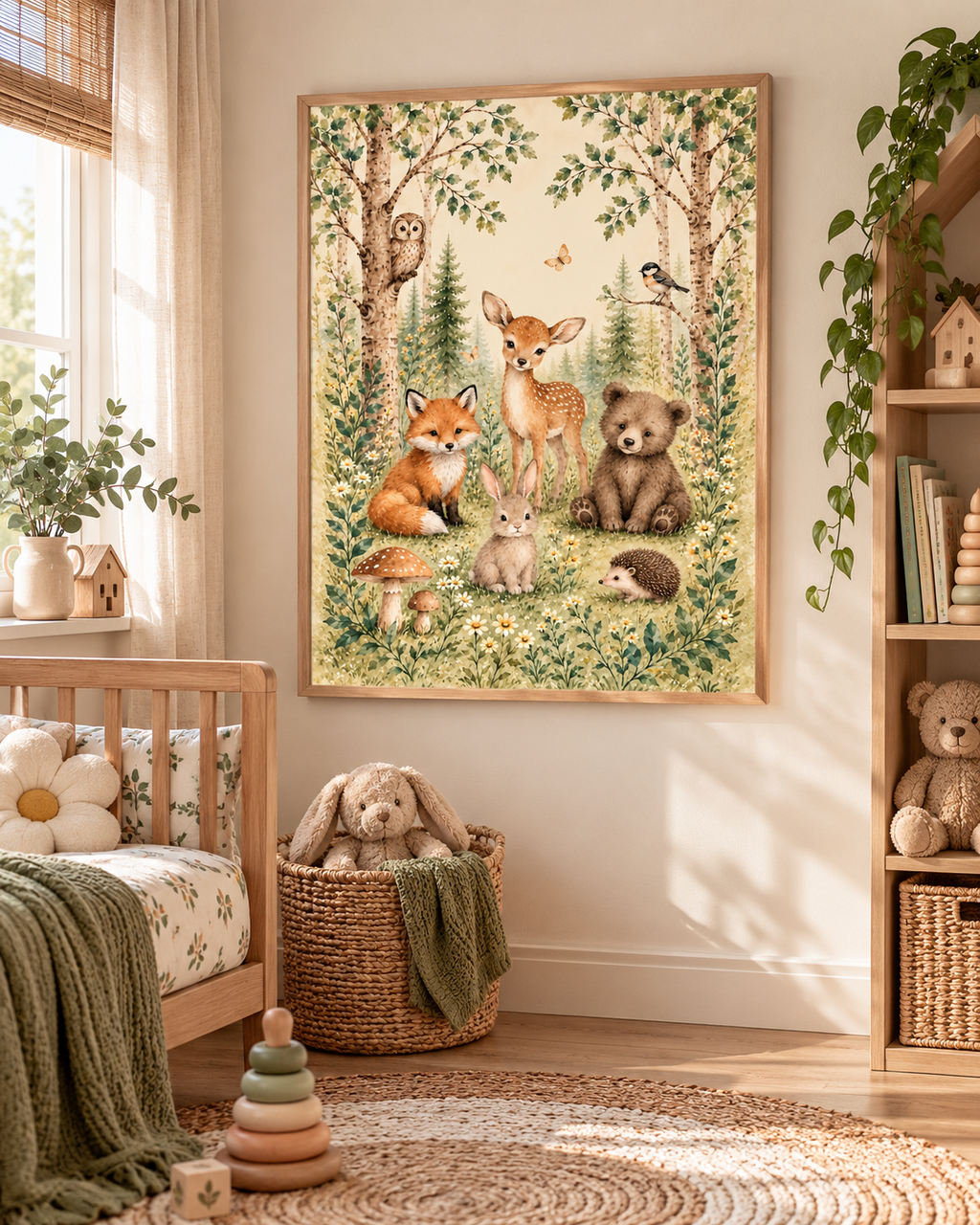 Watercolour woodland animals with fawn, fox, bear cub, bunny, hedgehog, owl and bird among trees and flowers styled in a nursery