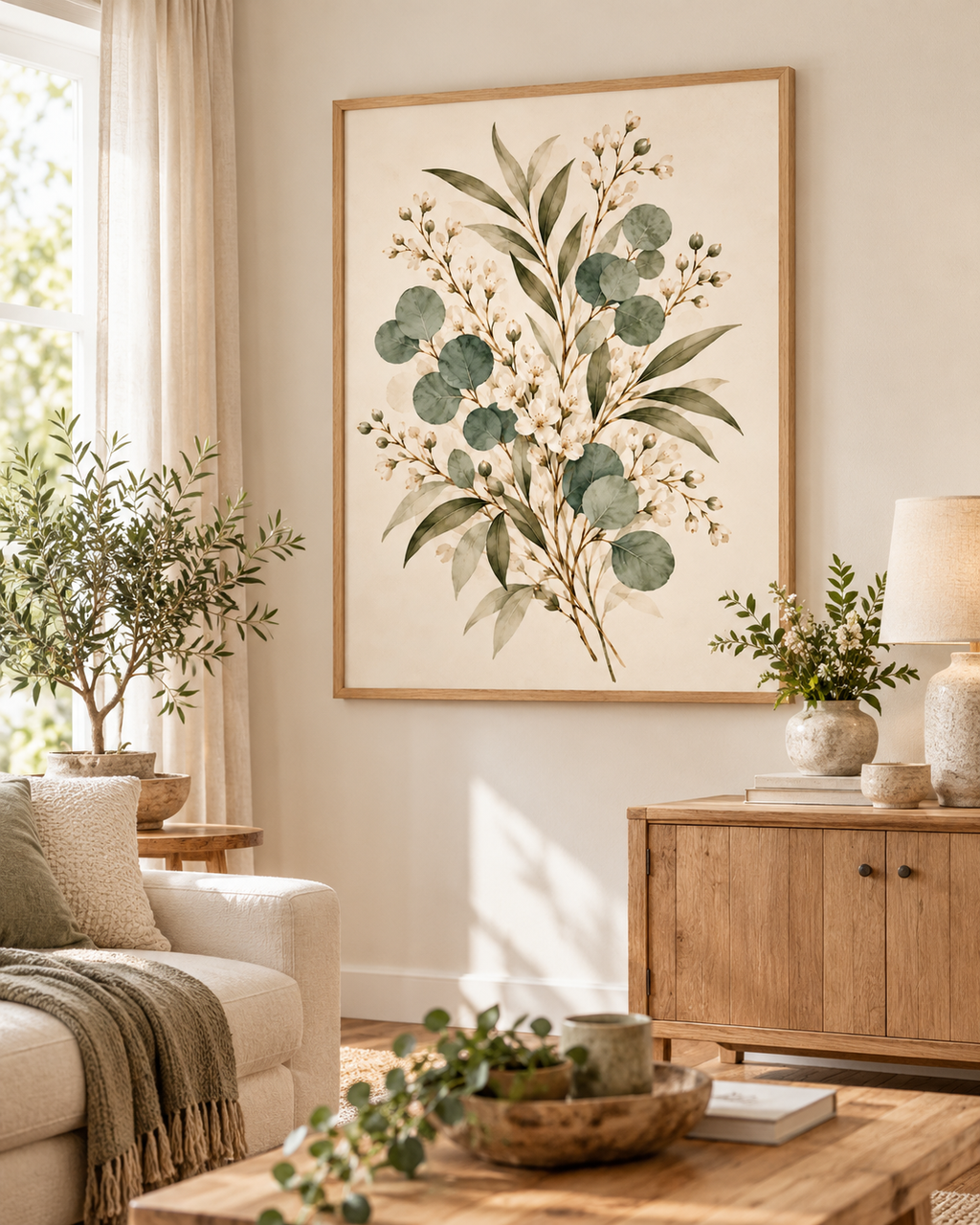 Delicate sage green eucalyptus, olive-toned foliage and ivory-white flowers on a warm neutral background styled in a living room