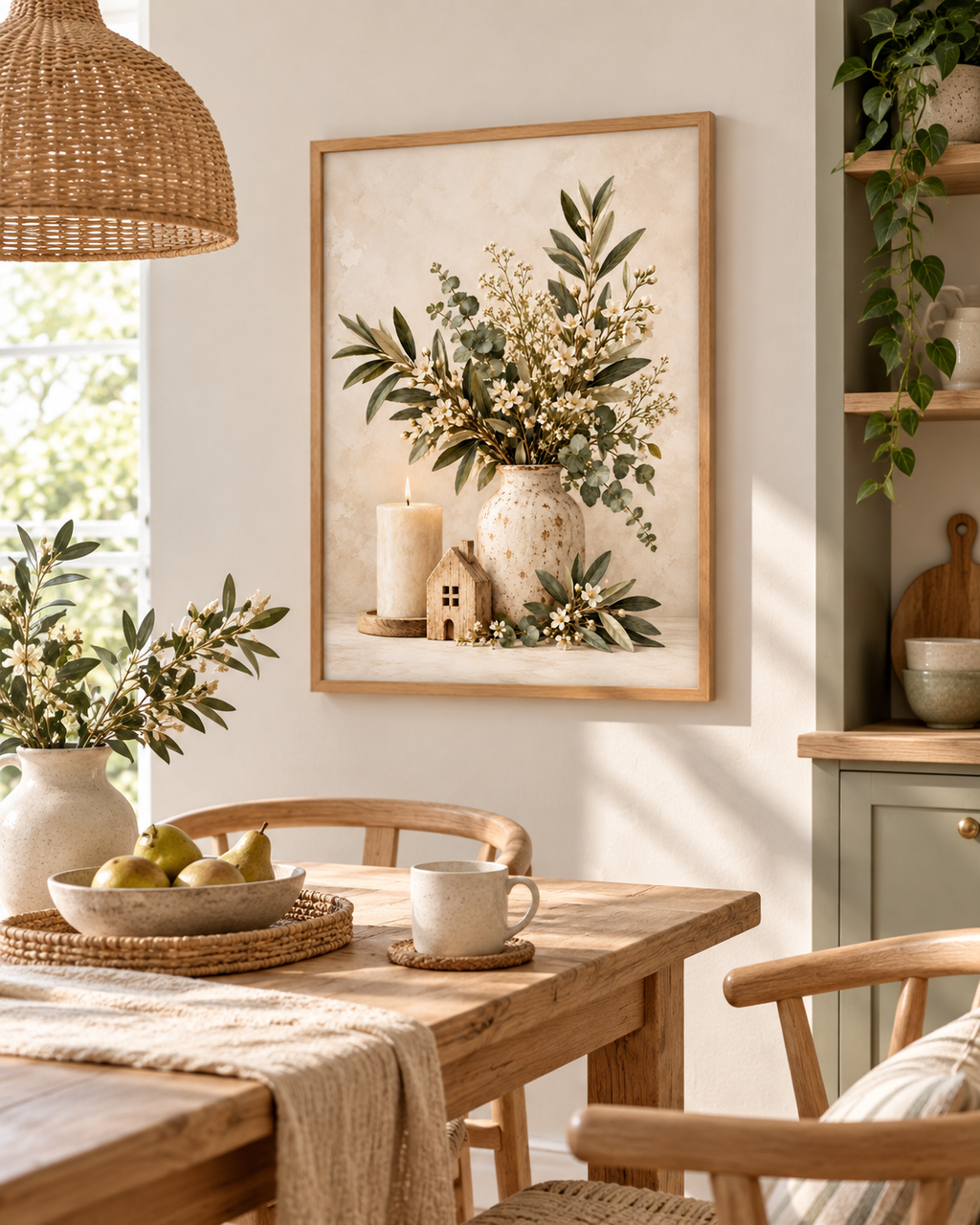 Neutral botanical artwork with white flowers, foliage, a cream vase, candle and wooden house beside a dining table