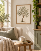 Watercolour botanical tree with sage green leaves, ivory white blossoms and a curved natural trunk on warm ivory styled in a reading corner