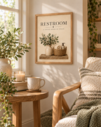 Restroom a little room of peace quote with botanical vase, ivory white flowers, rustic shelf, woven basket, towel and soap dispenser styled in a reading corner