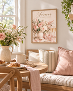 Forever Starts Here wedding artwork with blush and ivory roses, muted green foliage, champagne glasses, engagement ring, ribbons and wedding stationery styled in a breakfast nook