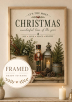 Rustic Christmas nutcracker, evergreen foliage, red berries and candlelit lantern beneath vintage Christmas typography; framed and ready to hang badge