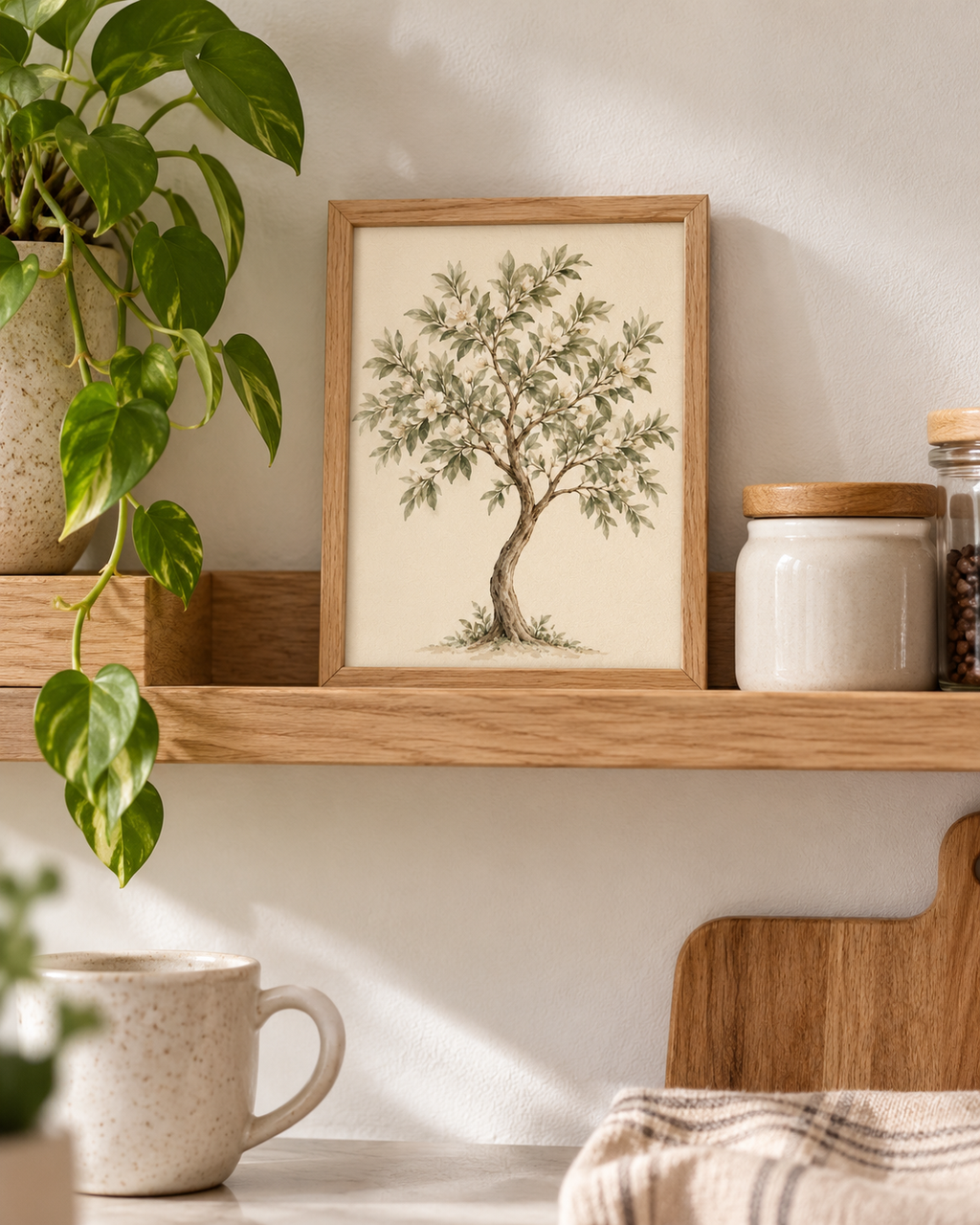 Watercolour botanical tree with sage green leaves, ivory white blossoms and a curved natural trunk on warm ivory styled in a shelf display