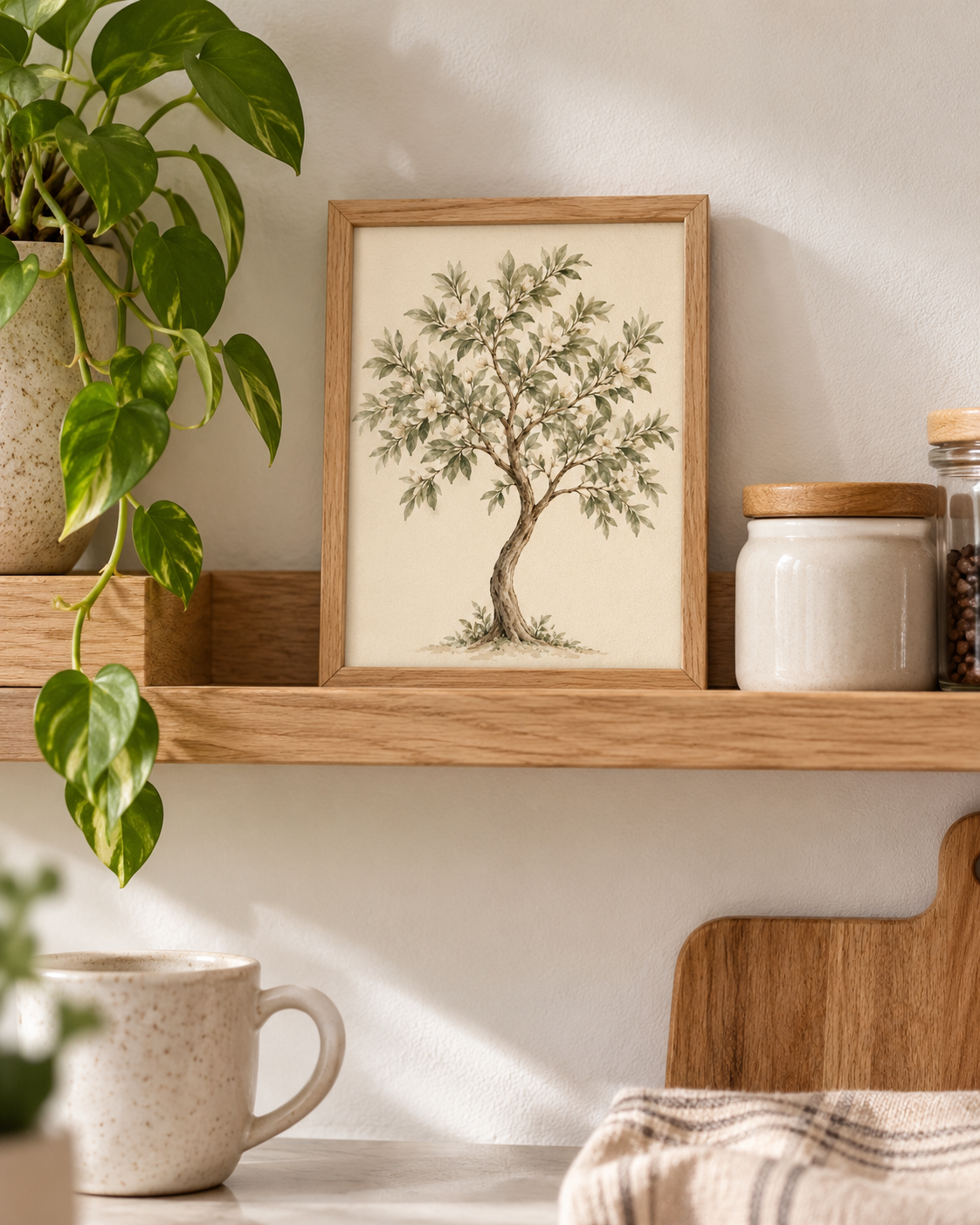 Watercolour botanical tree with sage green leaves, ivory white blossoms and a curved natural trunk on warm ivory styled in a shelf display