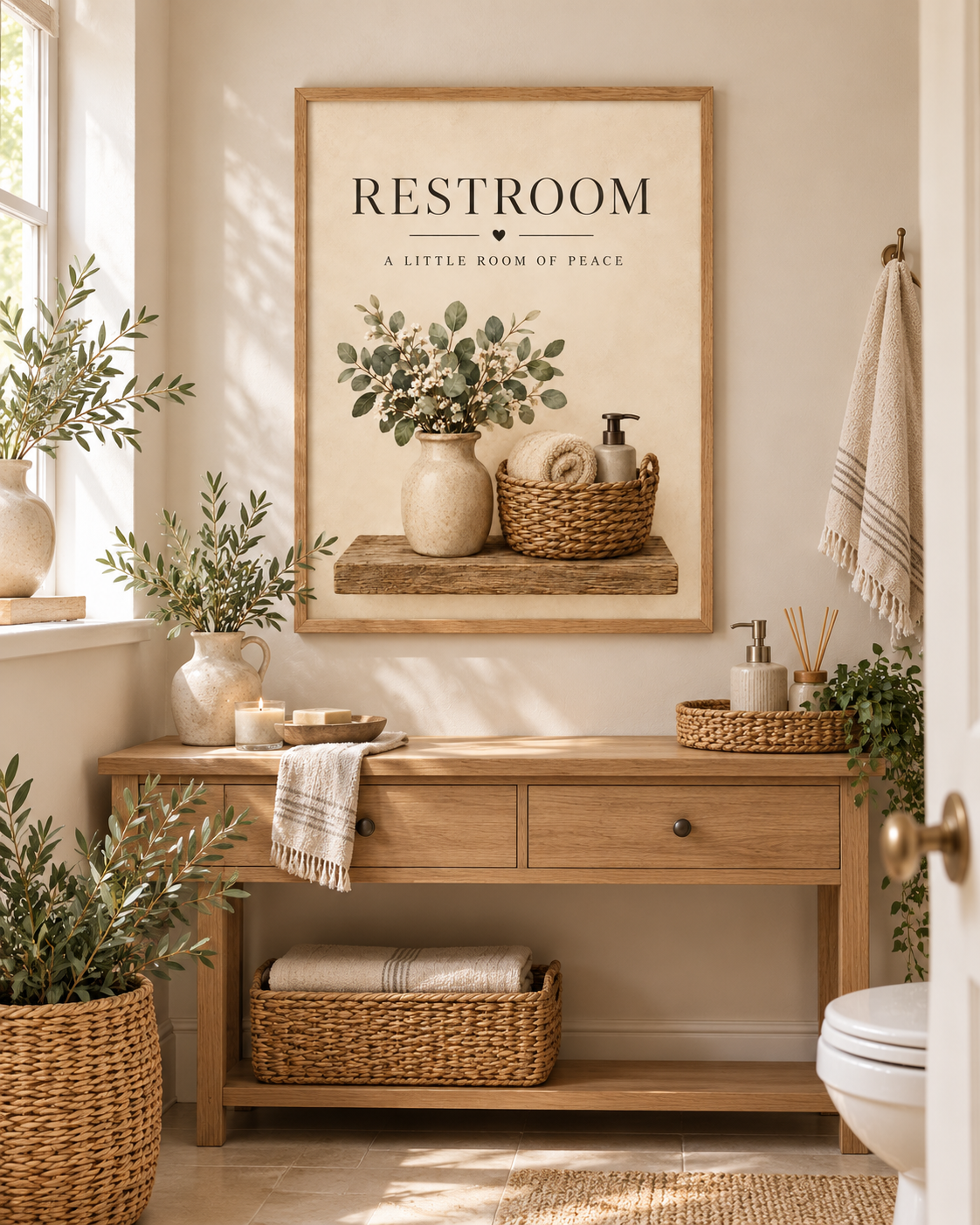 Restroom a little room of peace quote with botanical vase, ivory white flowers, rustic shelf, woven basket, towel and soap dispenser styled in a bathroom vanity