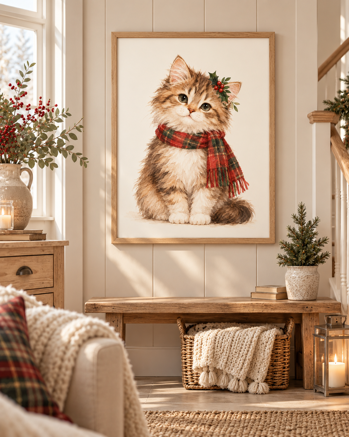 Fluffy Christmas tabby kitten wearing a tartan scarf and holly styled in a reading corner