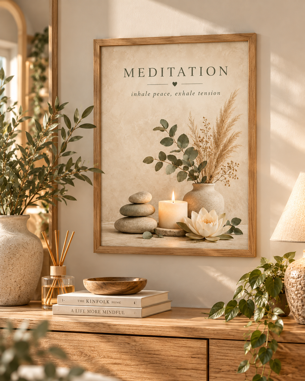 Meditation artwork with the words inhale peace, exhale tension, botanical stems, lotus flower, candle and stones styled in a sideboard