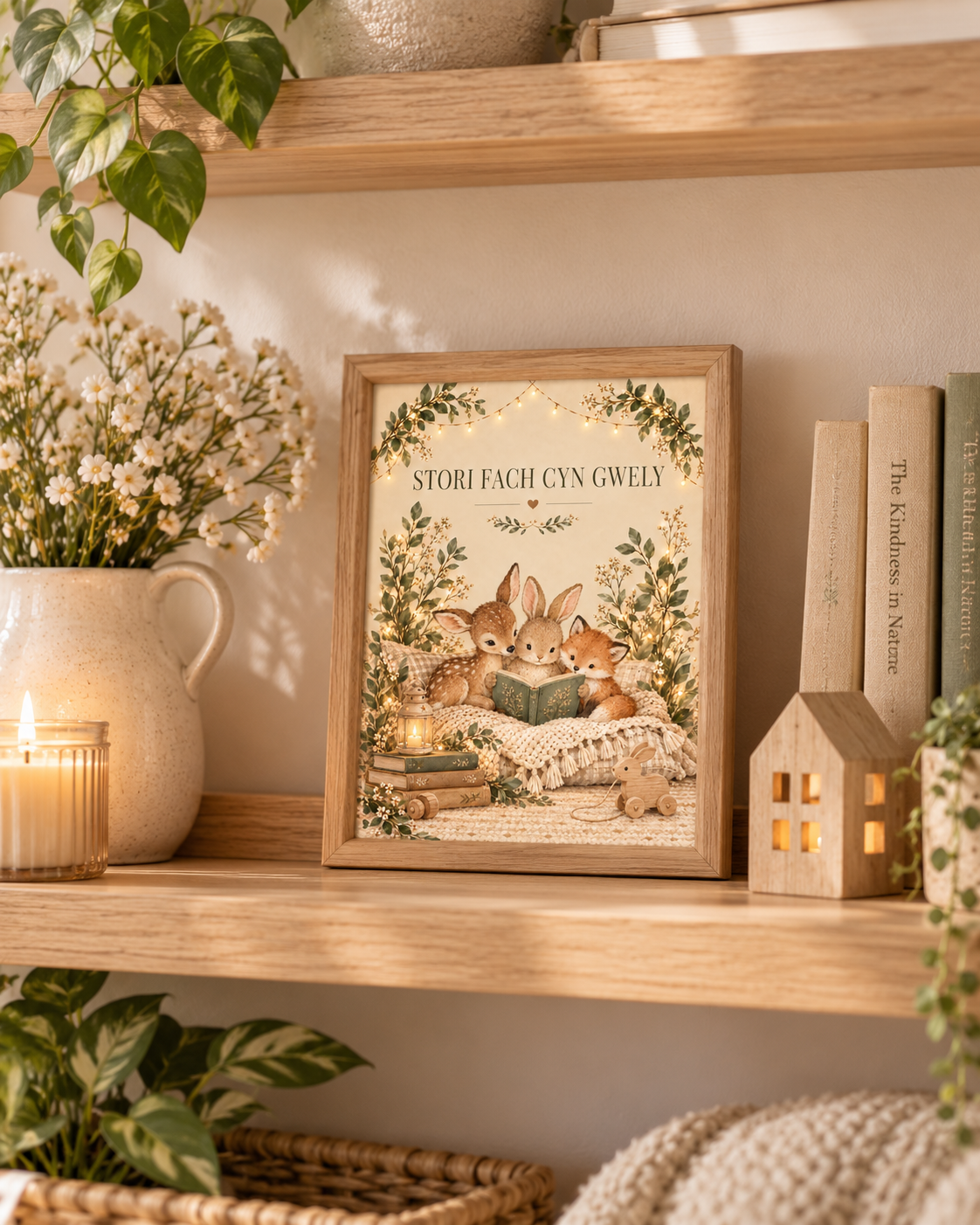 Stori Fach Cyn Gwely Welsh bedtime story with fawn, rabbit and fox reading a book among soft woodland foliage styled in a shelf display
