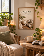 Gaming room artwork with Play Pause Recharge quote, controller, headphones, coffee and foliage in a styled home display